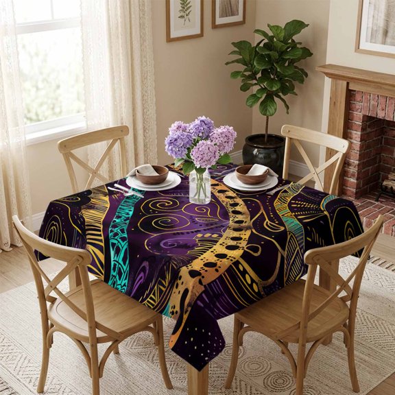 Purple Abstract Lines Square Tablecloth 54x54 Inch Golden Mystery Art Waterproof Polyester Tablecloth for Dining Table, Washable Table Cover for Kitchen Dining Room Wedding Decoration,Stain Resistant