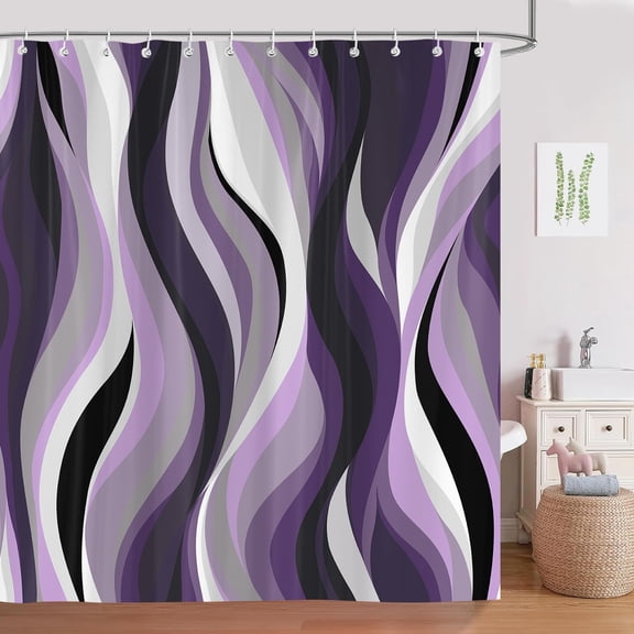 Purple Abstract Shower Curtain, Stripe Black White Gray Aesthetic Art Shower Curtains Bathroom Decor, Fabric Cloth Waterproof, Chic Print Design Teen Pretty Women Gift