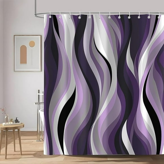 Purple Abstract Shower Curtain, Stripe Black White Gray Aesthetic Art Shower Curtains Bathroom Decor Set, Fabric Cloth Waterproof With 12 Hooks 60"W x 72"L