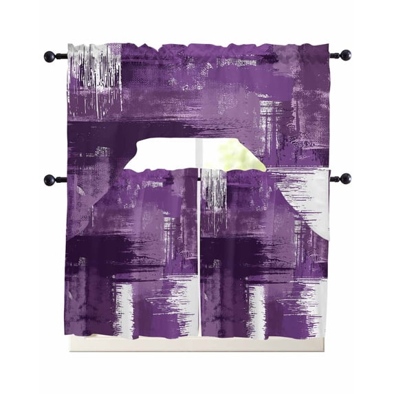 Purple Abstract Swag Kitchen Curtains Sets for Windows 24 Inch Length, Modern Mottled Art Oil Painting Short Window Curtain Panels Swags Valances and Tiers 3 Piece Set for Cafe/Dining Room