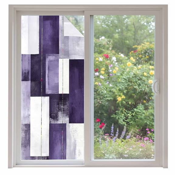 Purple Abstract Window Privacy Film Modern Rustic Geometric Color Block Plaid Decorative Glass Window Film UV Blocking Static Cling Non-Adhesive Sticker Covering for Home Door 35.4x78.7 inches
