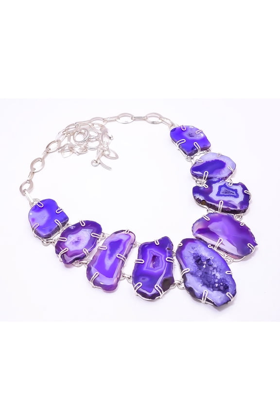 Purple Agate Drusy -Botswana 925 Silver Plated Necklace Adjustable 21-23", Purple Botswana Agate Necklace N_9478_401_12