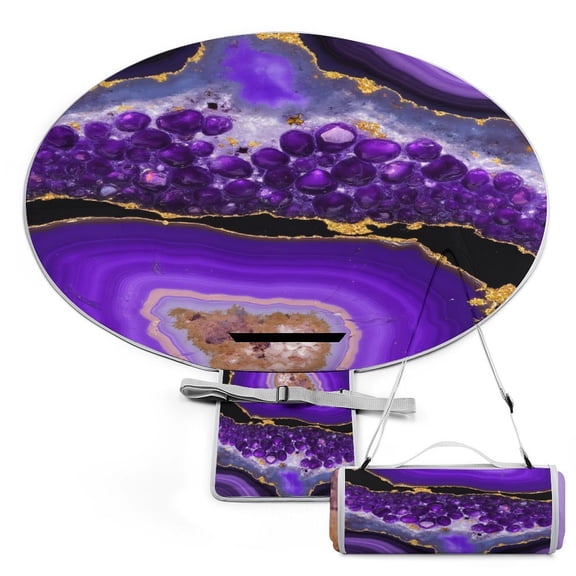 Purple Agate Slice Art Large Round Picnic Outdoor Blanket,Waterproof Foldable Blankets Picnic Mat for Beach, Camping