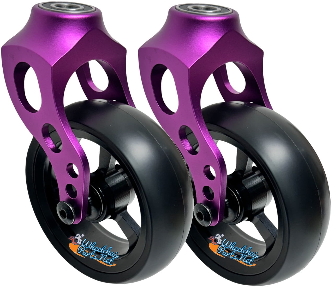 Purple Aluminum Caster Fork Assembly With 4x1.40 Soft Roll Wheels in Black Color