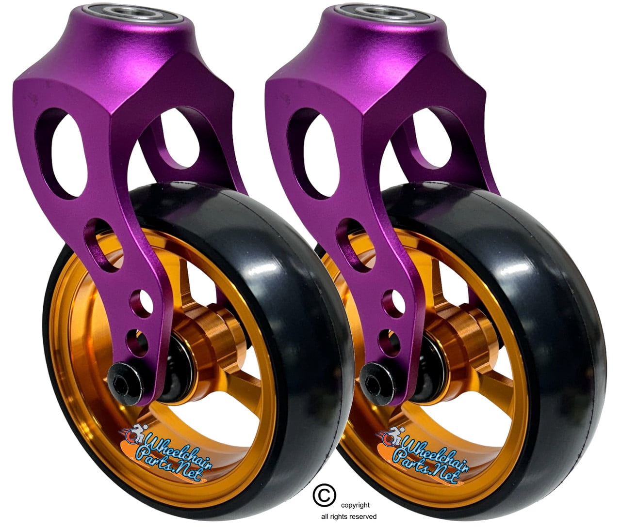 Purple Aluminum Caster Fork Assembly With 4x1.40 Soft Roll Wheels in Gold Color