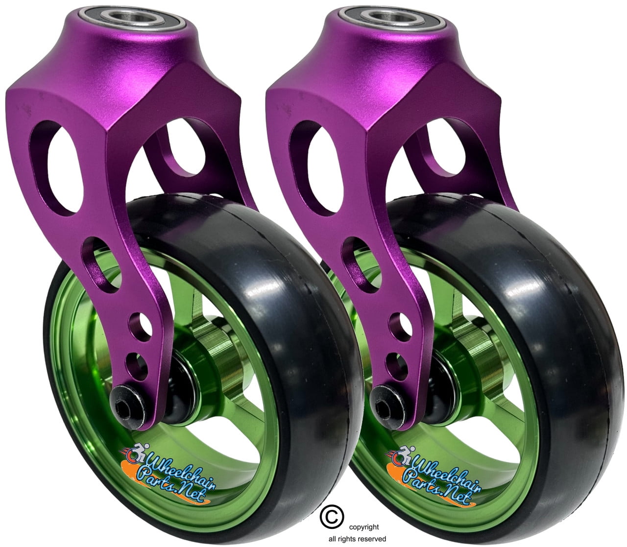 Purple Aluminum Caster Fork Assembly With 4x1.40 Soft Roll Wheels in Green Color