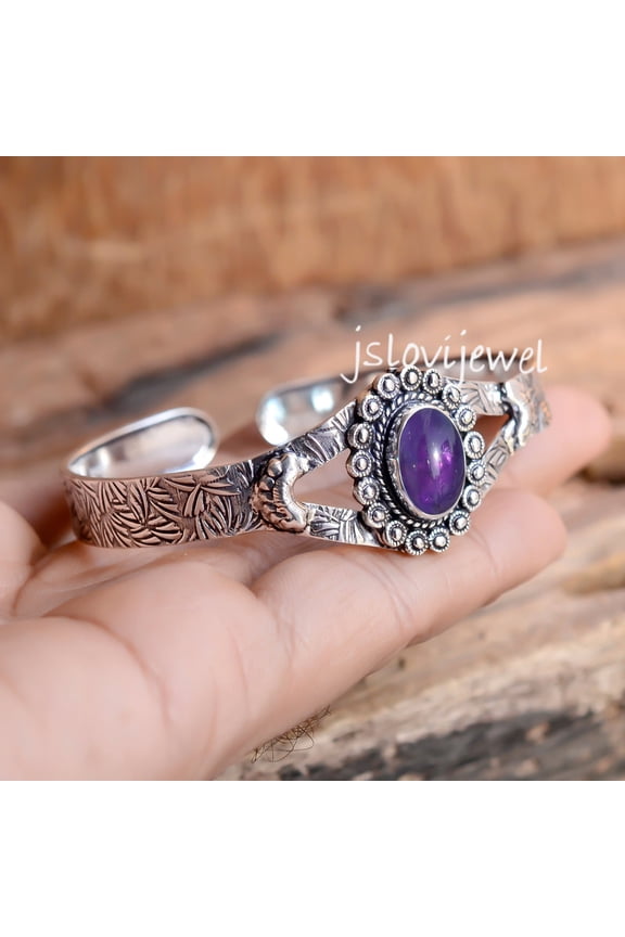 Purple Amethyst Bangle, Oval Stone 925 sterling silver Cuff, Birthstone Bracelet For Unisex