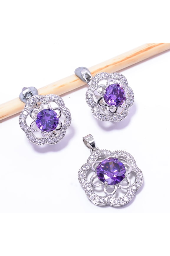 Purple Amethyst & CZ Gemstone 925 Sterling Silver Flower Pendant Set 0.70" PS19 Christmas Sale, New Year Gift