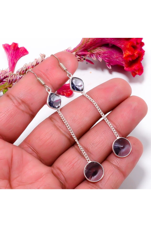 Purple Amethyst Gemstone 925 Sterling Silver Handmade Earring 2.81" E40