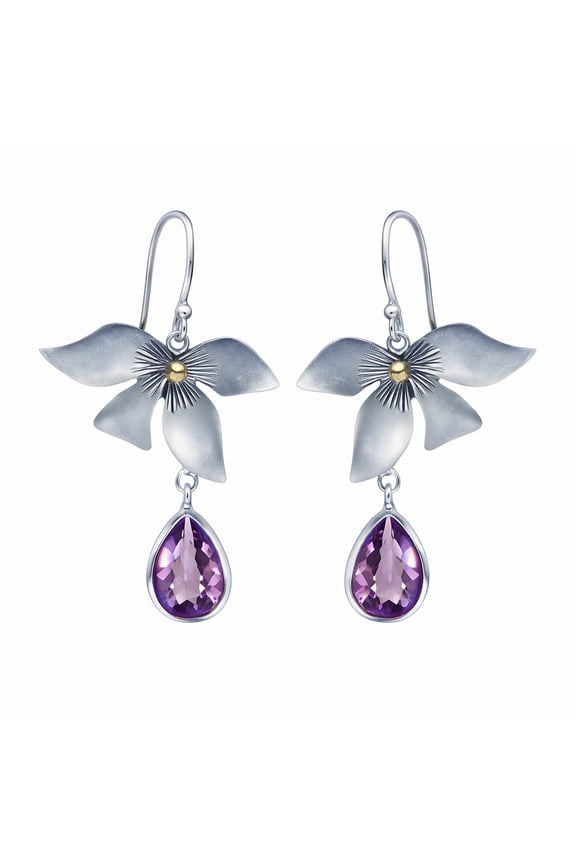 925 Sterling Silver Amethyst Flower Drop Earrings for Women Handmade Gift Jewelry