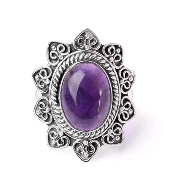Purple Amethyst Gemstone Ring, Floral Silver Ring, 925 Sterling Silver Ring, Oval Gemstone Ring, Designer Ring, Minimalist Ring, Gift Item**