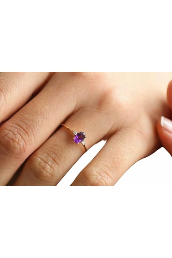 Purple Amethyst Gemstone Ring, Natural AAA Amethyst Tiny Ring, CZ Ring, February Birthstone, Women Ring, Yellow Gold Plated, 925 Sterling Silver, Dainty Ring, Minimal Anniversary Ring, Christmas Ring