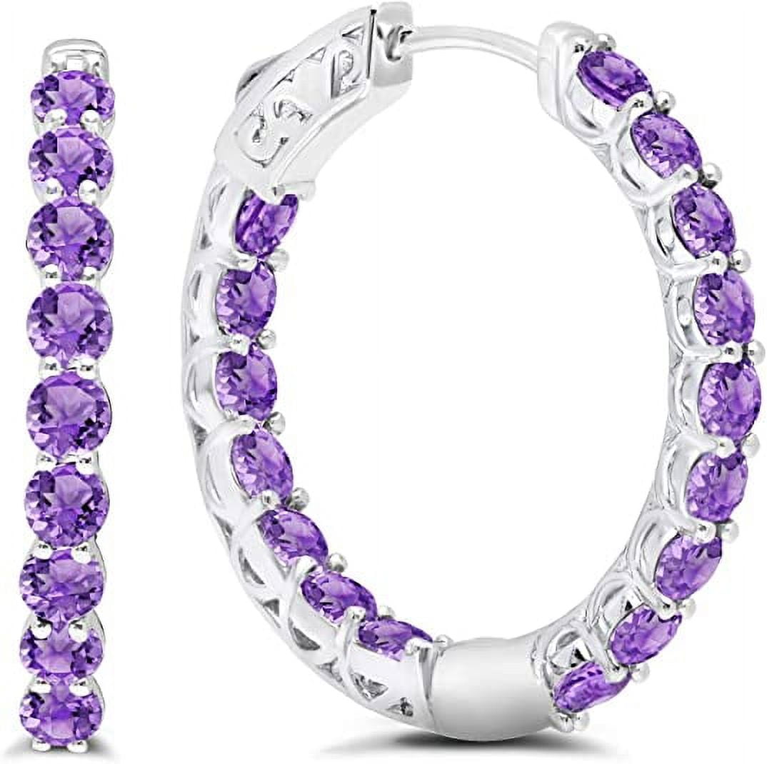 Purple Amethyst Inside Out Hoop Earrings for Women in 925 Sterling Silver 1 Inch Diameter and 3mm February Birthstone with Notched Post with Lock by MAX + STONE