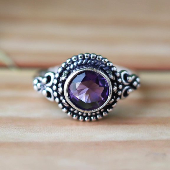 Purple Amethyst Ring, 925 Silver Ring, Round Cut Stone Ring, Promise Ring, vintage Style Ring, Artisan Ring, Handmade Gemstone, Boho Ring.