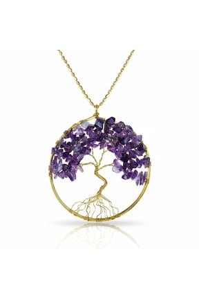 Purple Amethyst Stone Eternal Tree of Life Brass Long Necklace