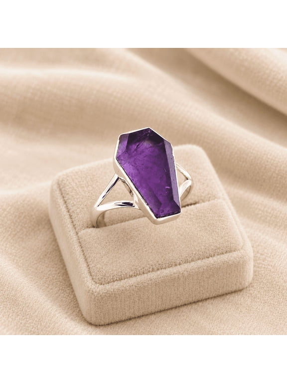 Purple Amethyst Style Coffin Ring, Faux Purple Decorative Stone, Gothic Statement Ring, Handmade Inspired Jewelry