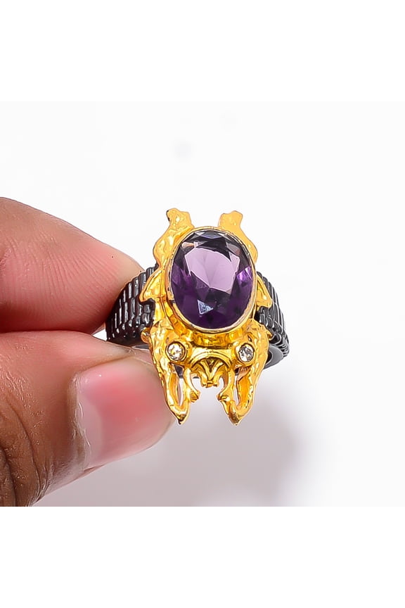 Purple Amethyst & White Topaz 925 Sterling Silver Frog Ring S.7.5 R87529, Christmas Gift