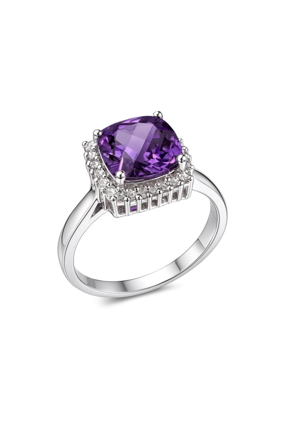 Purple Amethyst and Cubic Zirconia Halo Ring 925 Sterling Silver Womens February Birthstone Jewelry US Size 7