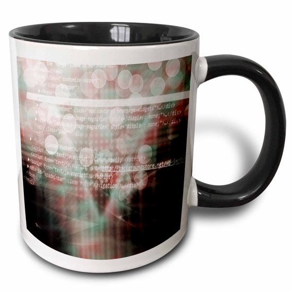 3drose, Purple and Aqua Bokeh Sparkle with Internet Coding Overlay, 15oz Two-tone Black Mug