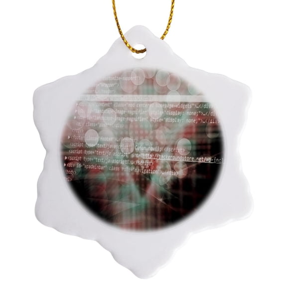 3drose, Purple and Aqua Bokeh Sparkle with Internet Coding Overlay, 3 inch Snowflake Porcelain Ornament