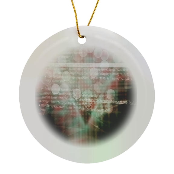 3drose, Purple and Aqua Bokeh Sparkle with Internet Coding Overlay, Circle Porcelain Ornament