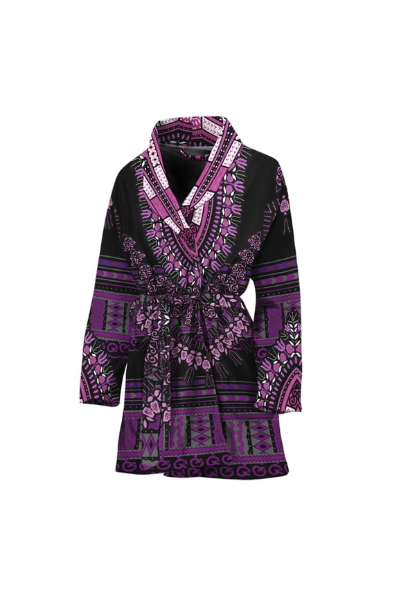 Purple And Black African Dashiki Women Bathrobe One Size Univeral Fits, African American Fashion Lightweight Plush Fleece Long Robe For Women