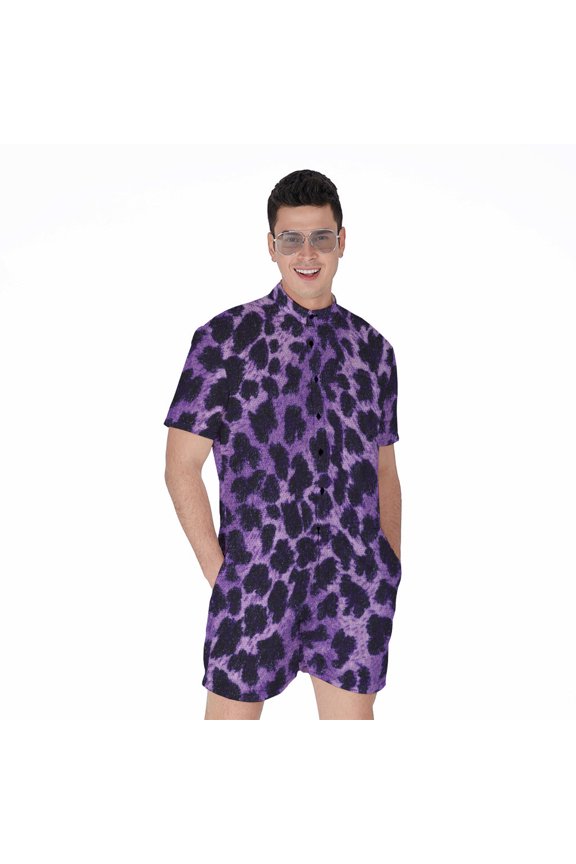 Purple And Black Cheetah Short Sleeve Men'S Rompers Casual Summer Jumpsuits Outfit