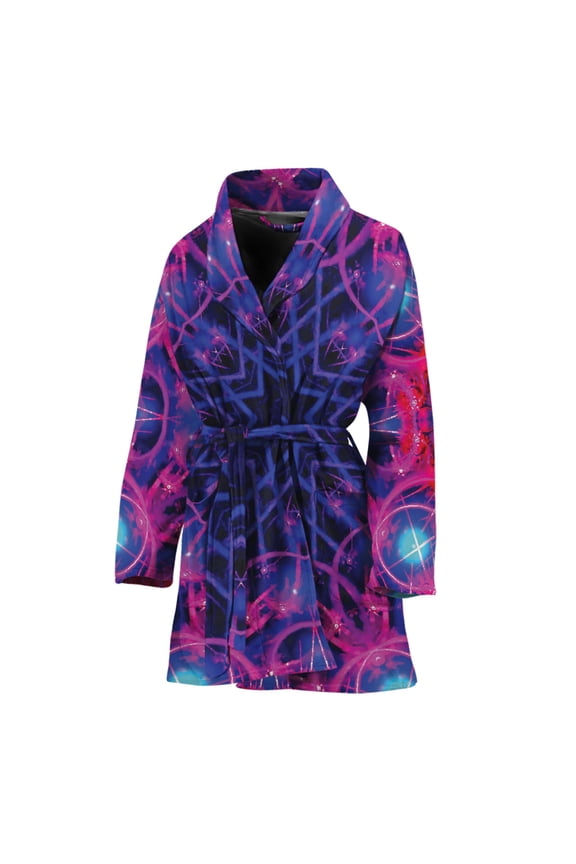 Purple And Blue Light Mandala Women Bathrobe One Size Univeral Fits, Bohemian Mandala Yoga Boho Fashion Lightweight Plush Fleece Long Robe For Women