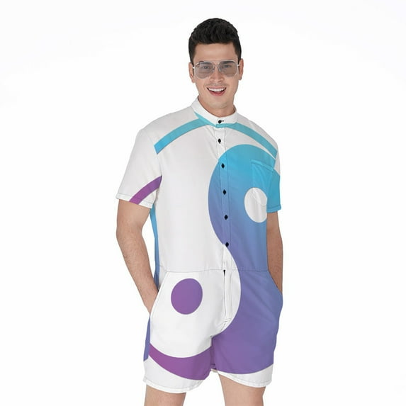 Purple And Blue Yin Yang Short Sleeve Men'S Rompers, Yinyang Casual Summer Jumpsuits Outfit