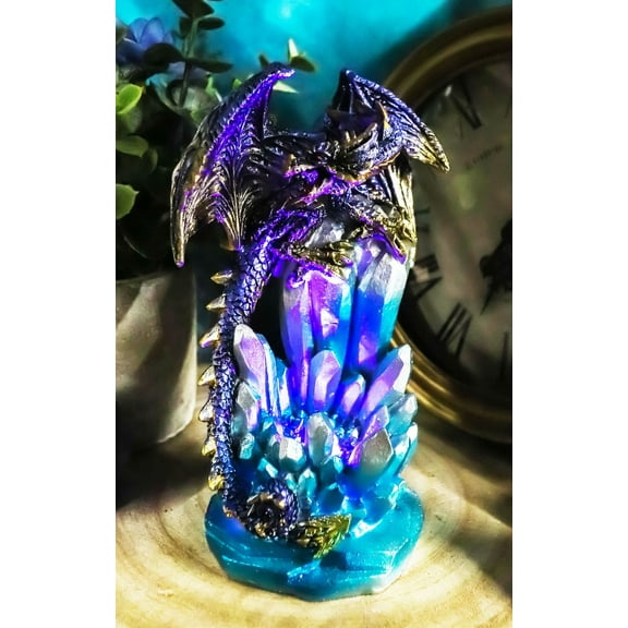 Purple And Gold Cosmic Dragon On Blue Crystal Stalactite Rock LED Light Statue