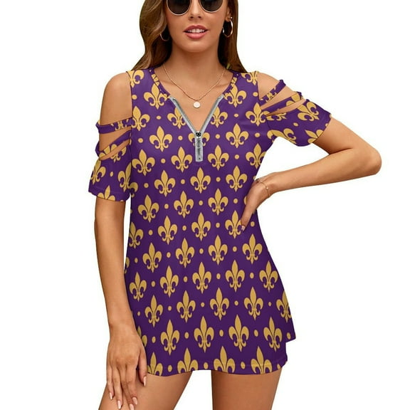 Purple And Gold Fleur De Lis Womens Summer V Neck Zipper Top Short Sleeve T Shirt Off Shoulder Top Casual Classy Loose Shirts