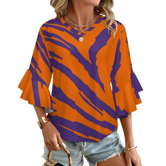 Purple And Orange Tailgate Swag Claw Marks Women's V-Neck Blouse With 3/4 Ruffled Bell Sleeves Casual Top Ladies Blouses