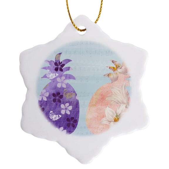 3drose, Purple and Peach Pineapples, 3 inch Snowflake Porcelain Ornament