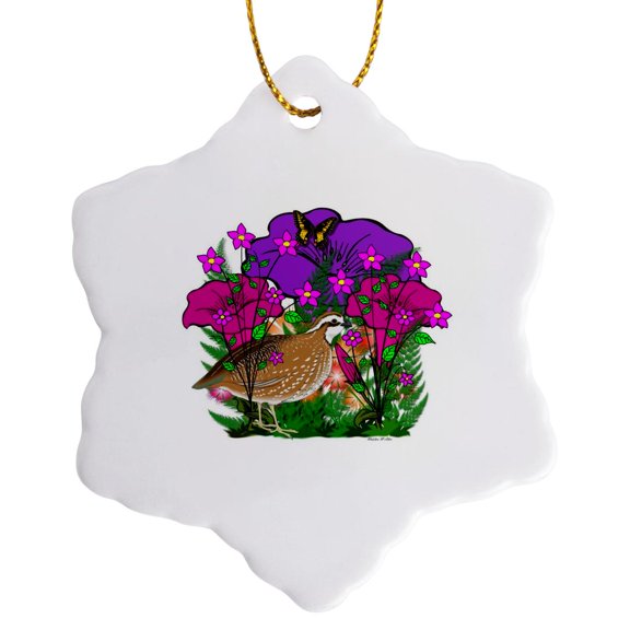 3drose, Purple and Pink Flowers, Ferns and a Quail, 3 inch Snowflake Porcelain Ornament