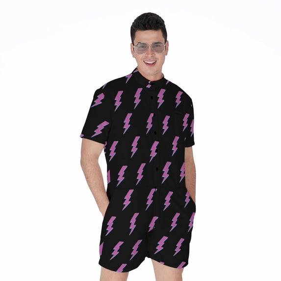 Purple And Teal Lightning Pattern Short Sleeve Men'S Rompers Casual Summer Jumpsuits Outfit