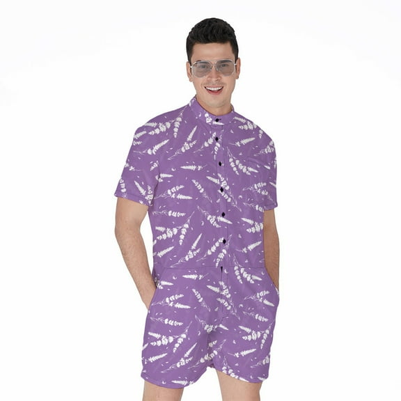Purple And White Lavender Pattern Short Sleeve Men'S Rompers Casual Summer Jumpsuits Outfit