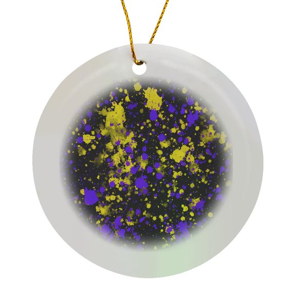 3drose, Purple and Yellow Image of Paint Splatter Abstract, Circle Porcelain Ornament