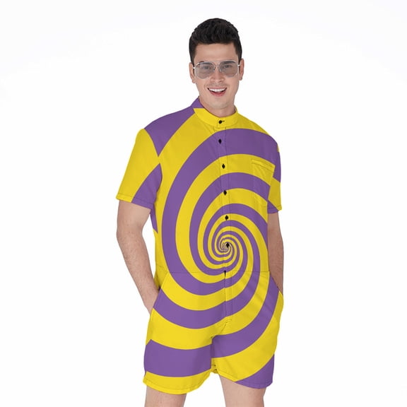 Purple And Yellow Spiral Illusion Short Sleeve Men'S Rompers Casual Summer Jumpsuits Outfit