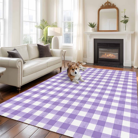 Purple Area Rug 5x8 FT, Non Slip Bedroom Throw Carpet, Country French Rustic Buffalo Plaid Modern Art Washable Soft Floor Carpet Non-Shedding Rug for Living Room Nursery Dorm Office