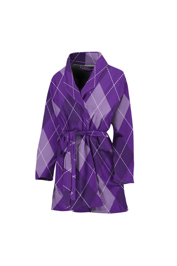 Purple Argyle Pattern Women Bathrobe One Size Univeral Fits, Checkered Caro Plaid Tartan Fashion Lightweight Plush Fleece Long Robe For Women
