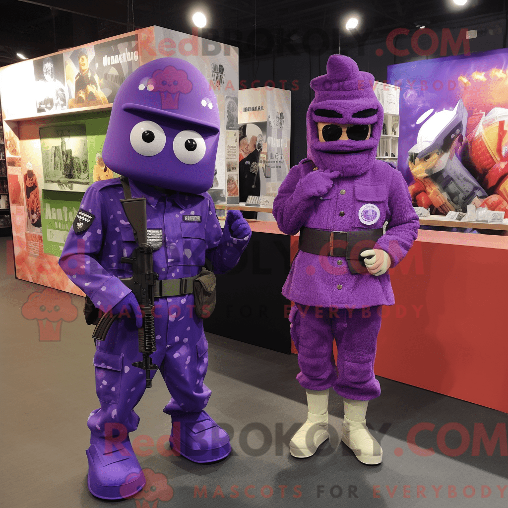 Purple Army Soldier REDBROKOLY mascot costume character dressed with a ...