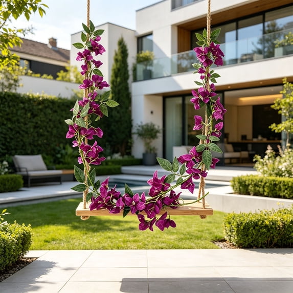 Purple Artificial Bougainvillea Vine, Realistic Silk Faux Hanging Plant for Outdoor Wall Decor
