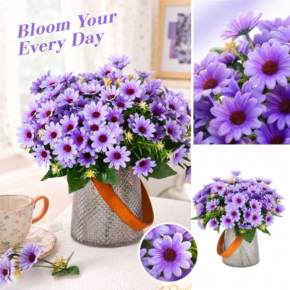 Purple Artificial Daisy Flower Bouquet, Realistic Faux Floral Stem Bundle with Greenery for Vase Arrangement, Long-Lasting Spring Home Decor Table Centerpiece Indoor Display (Purple)