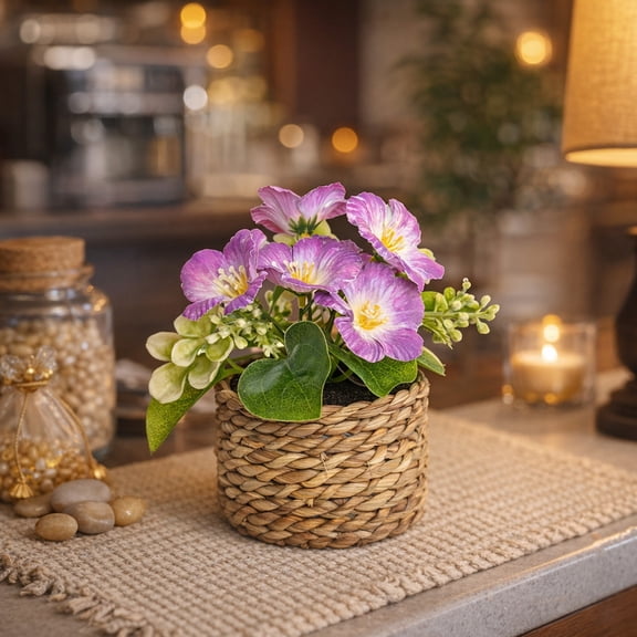 Purple Artificial Flower Planter with Easter Eggs - 5.9-Inch Simulation Floral Pot for Spring Decor, Faux Tabletop Centerpiece for Living Room, Dining Table, and Office - Holiday Home Ornament