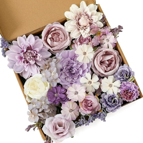 Purple Artificial Flowers Combo Cake Flowers Decorations Fake Peony Silk Roses Gift Box for DIY Wedding Bridal Bouquet Centerpieces Arrangements Party Baby Shower Holiday Decor (Purple)