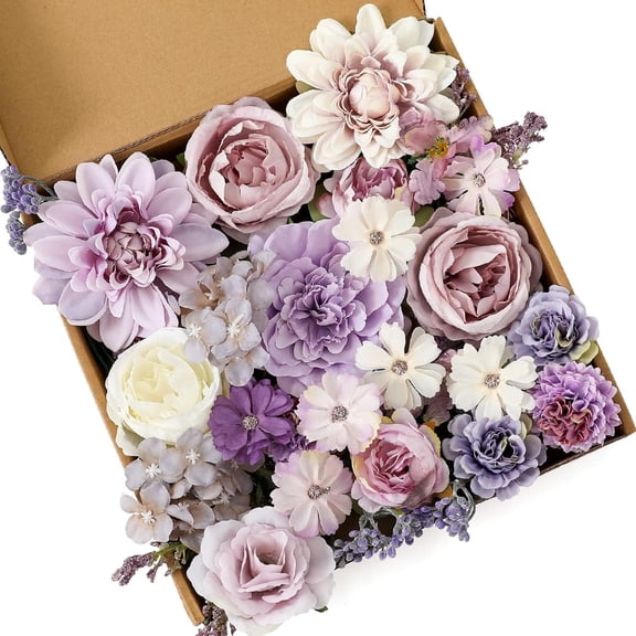 Purple Artificial Flowers Combo Cake Flowers Decorations Fake Peony Silk Roses Gift Box for DIY Wedding Bridal Bouquet Centerpieces Arrangements Party Baby Shower Holiday Decor (Purple)