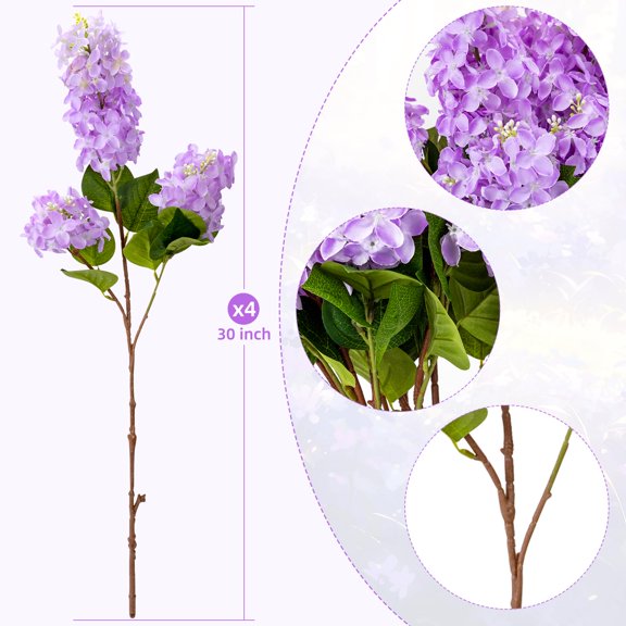 Purple Artificial Lilac Flowers 4PCS 30inch Long Stem Silk Real Touch Faux Flower for Vase Centerpieces Home Decoration