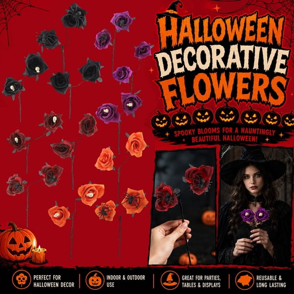 Purple Artificial Roses Gothic Halloween Decor Spooky Skull Accent Halloween Home Decor Indoor for Party Mantel Entryway Unique Gift 15X3 in Single Hobby
