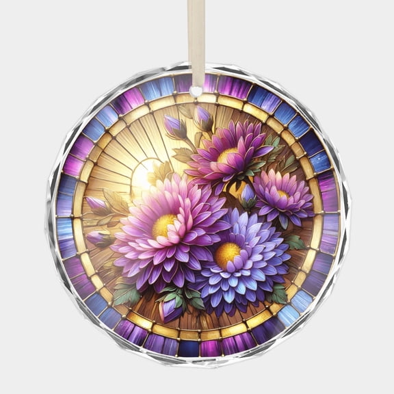 Purple Asters September Birth Month Flower Floral Bouquet Crystal Glass Christmas Ornament, 3 Beveled-Edge Disc (0.23 Thick,) with Stained Glass Style Printed Design Holiday Gift