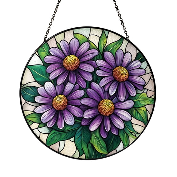Purple Asters Stained Glass Window Suncatcher, Light Catching Floral Hanging Decor, Home Accent Gift